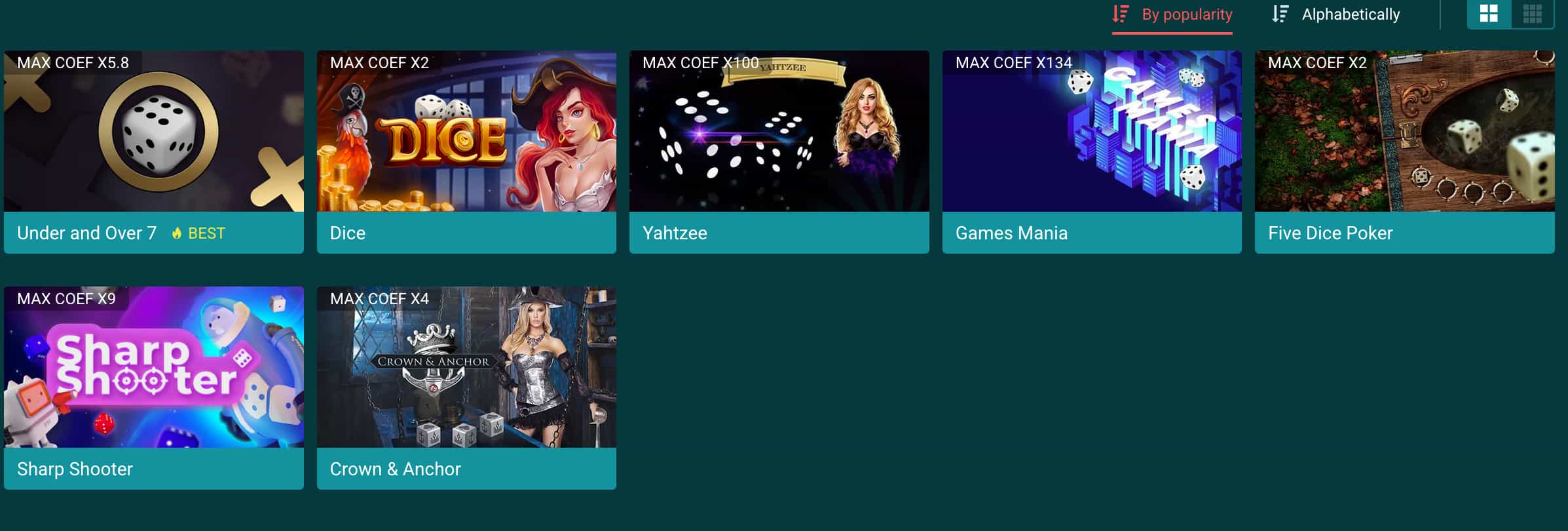 22Bet game lobby showing category filters and title thumbnails